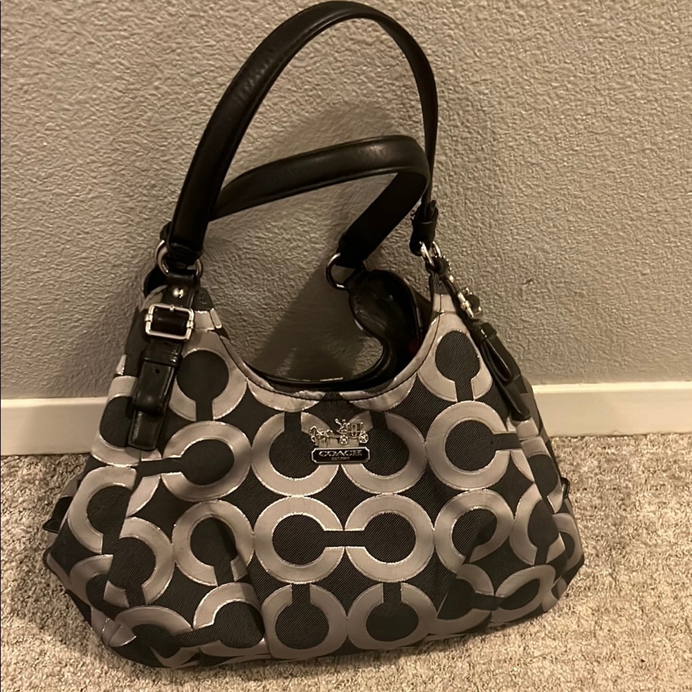 Coach Black and Gray Shoulder Bag with Signature Monogram
